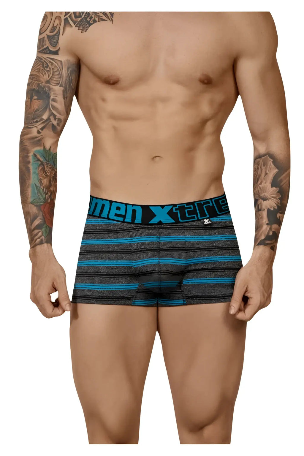 Men’s xtremen 51453c stripes trunk boxer briefs in turquoise with blue and black stripes for comfortable wear