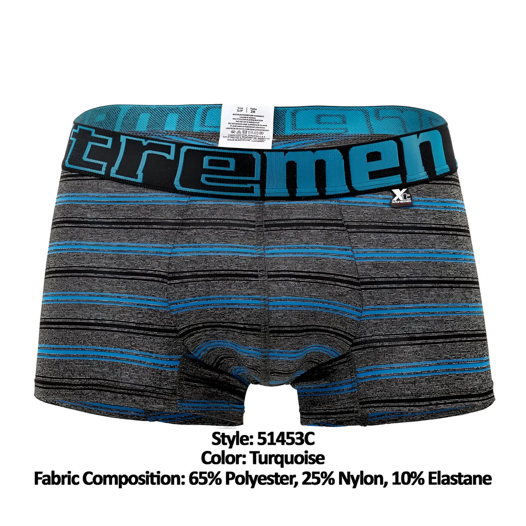 Turquoise striped men’s boxer briefs with black waistband featuring tremen brand name in bold blue lettering