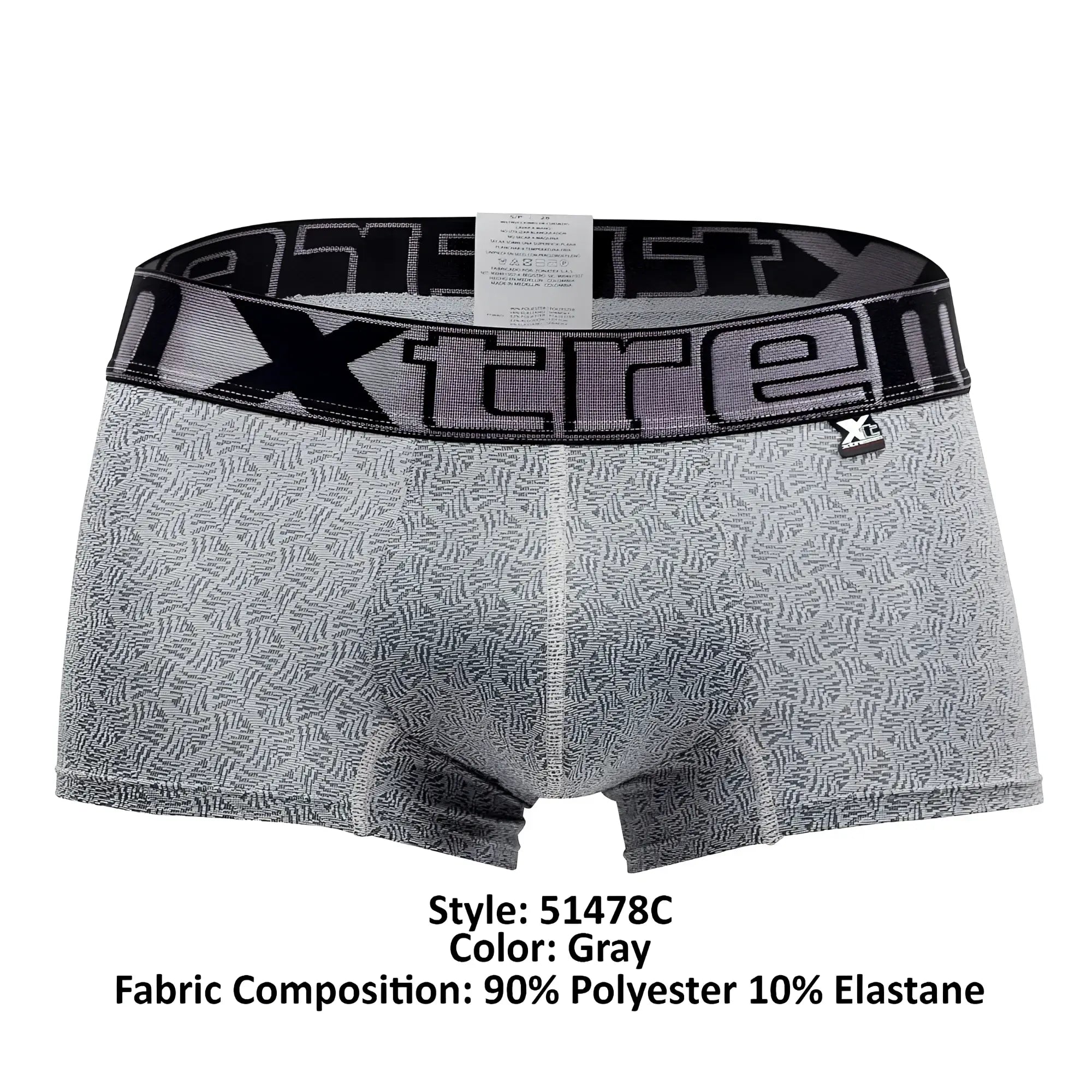 Gray xtremen 51478c microfiber jacquard trunks with subtle black pattern and bold xtreme logo on waistband
