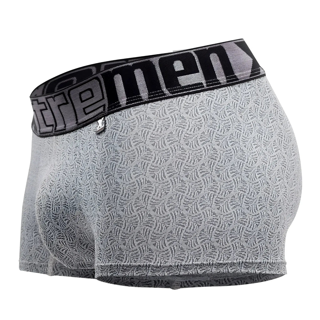 Gray microfiber jacquard men’s boxer briefs with a black elastic waistband featuring the extreme logo
