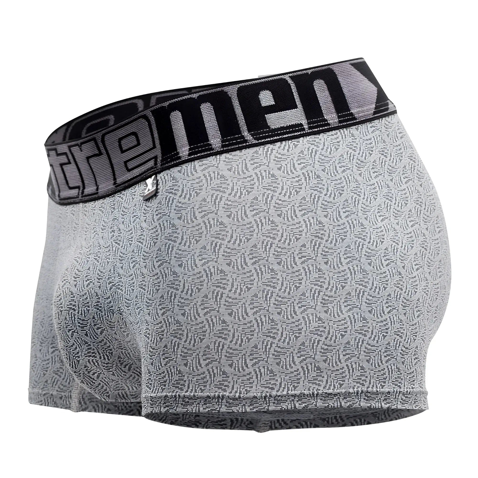 Gray microfiber jacquard men’s boxer briefs with a black elastic waistband featuring the extreme logo