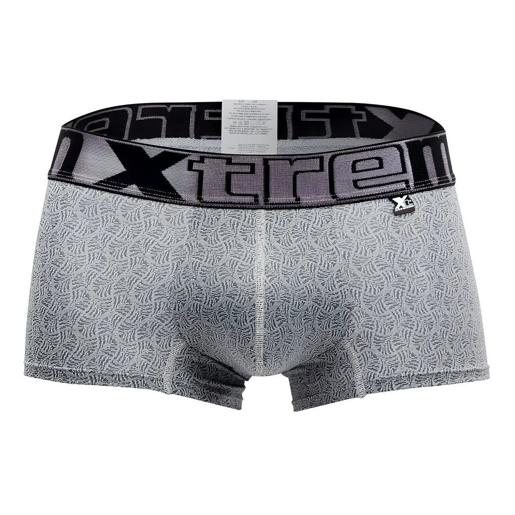 Gray patterned xtremen microfiber jacquard men’s boxer briefs with black elastic waistband featuring xtrem logo