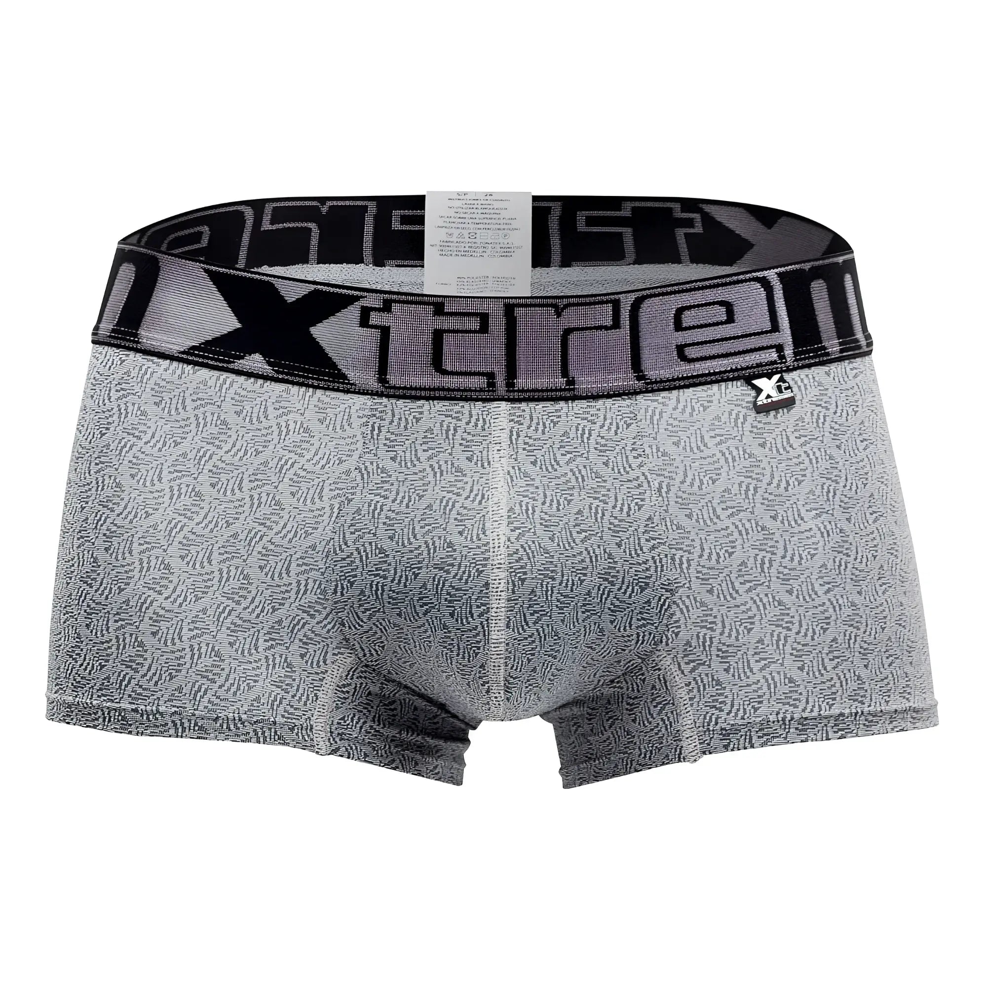 Gray patterned xtremen microfiber jacquard men’s boxer briefs with black elastic waistband featuring xtrem logo
