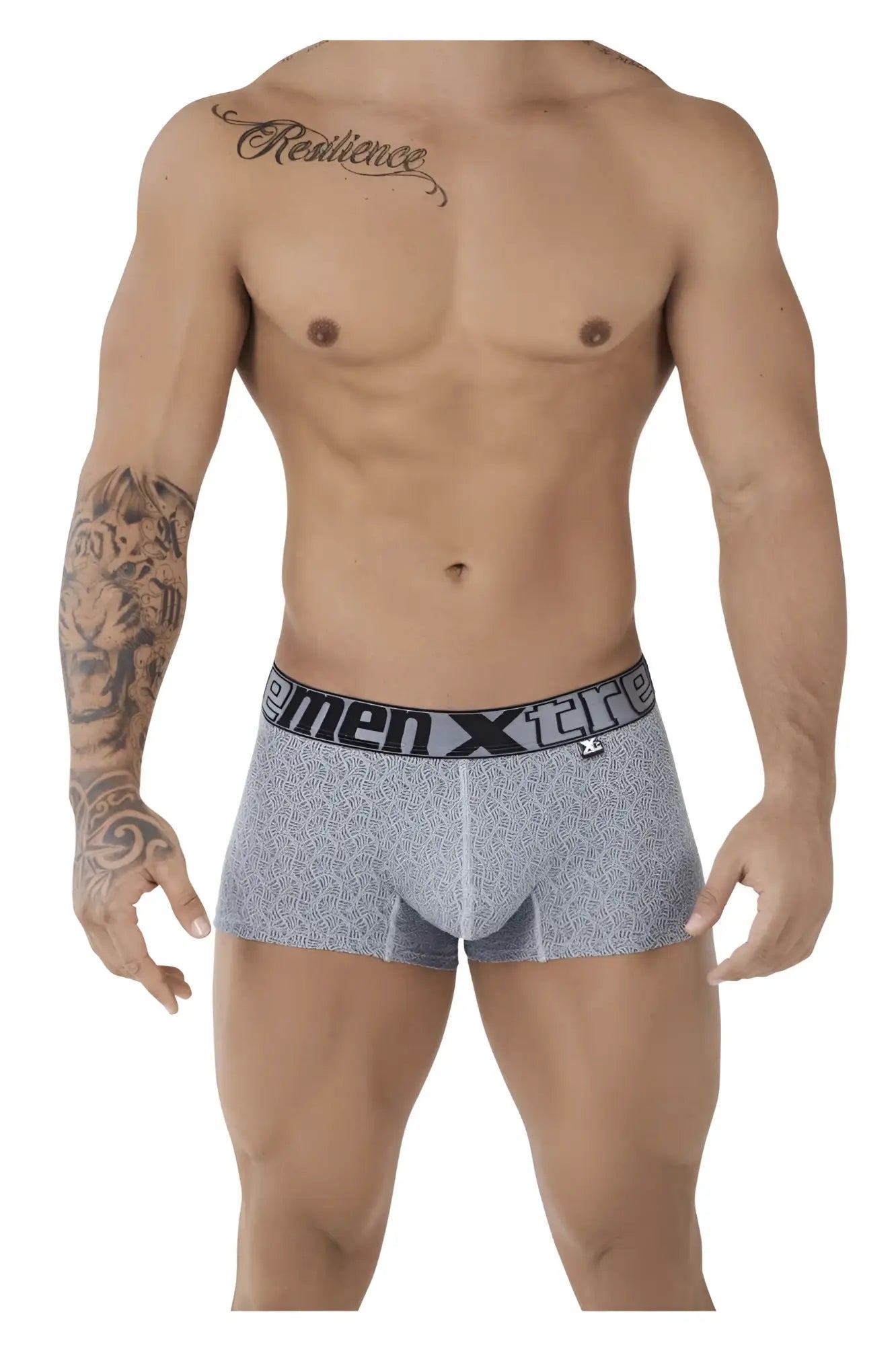 Gray patterned men xtre microfiber jacquard trunks with black elastic waistband and logo in gray color