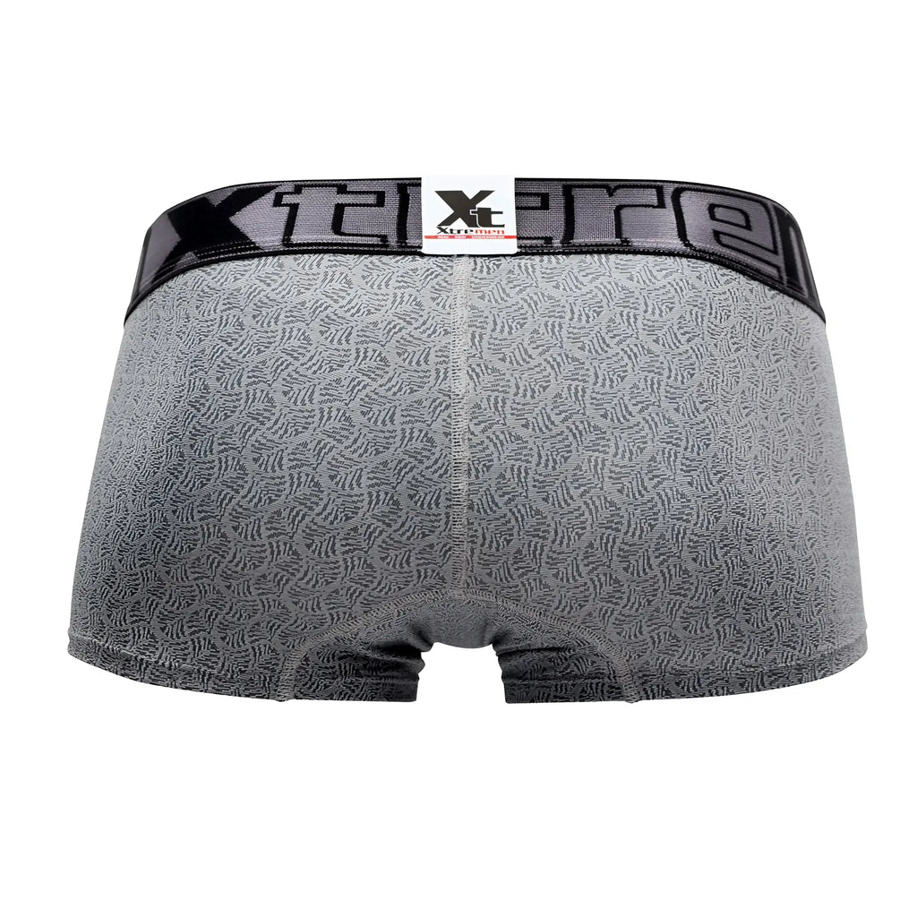 Gray patterned xtremen 51478c microfiber jacquard men’s boxer briefs with black elastic waistband and xtreme logo