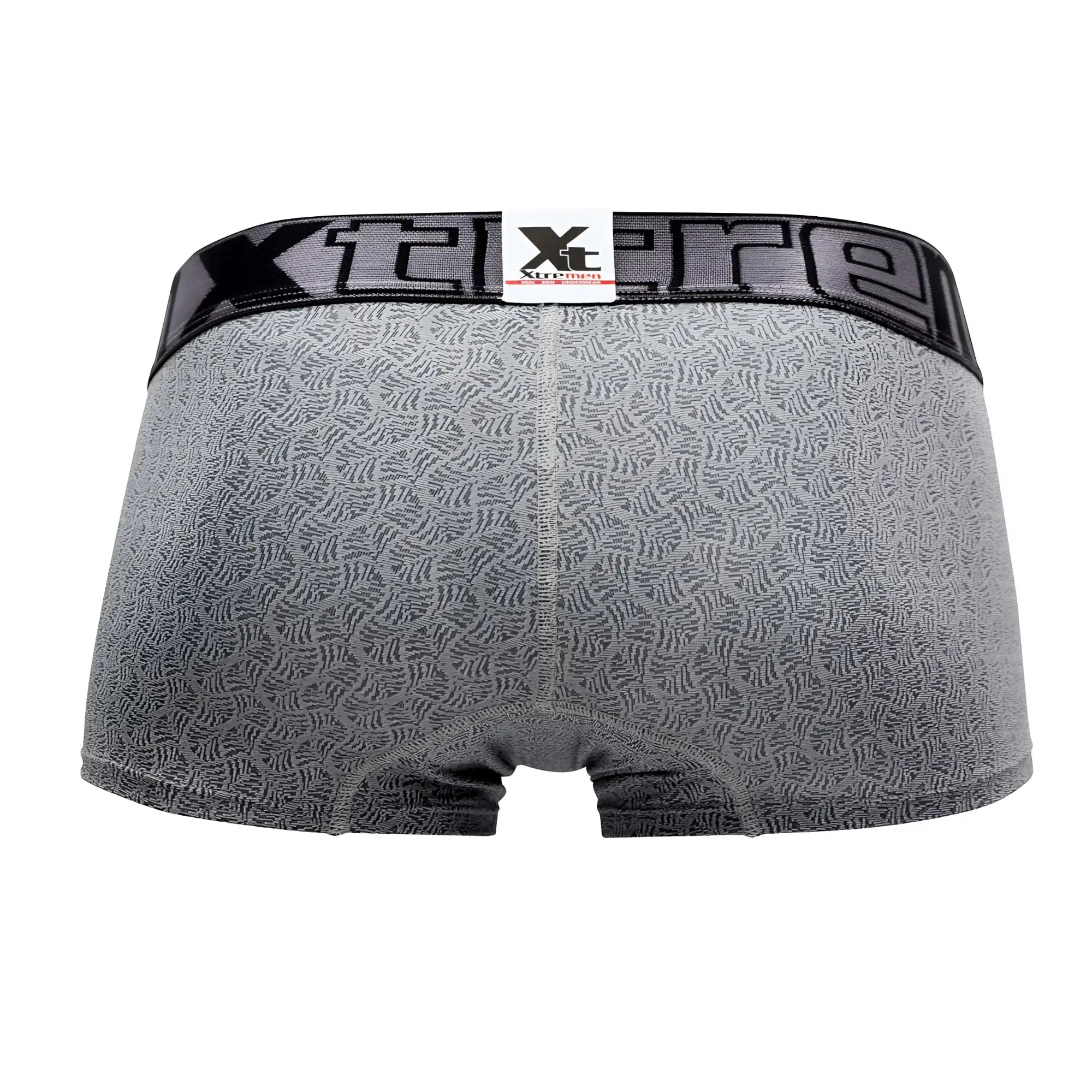 Gray patterned xtremen 51478c microfiber jacquard men’s boxer briefs with black elastic waistband and xtreme logo