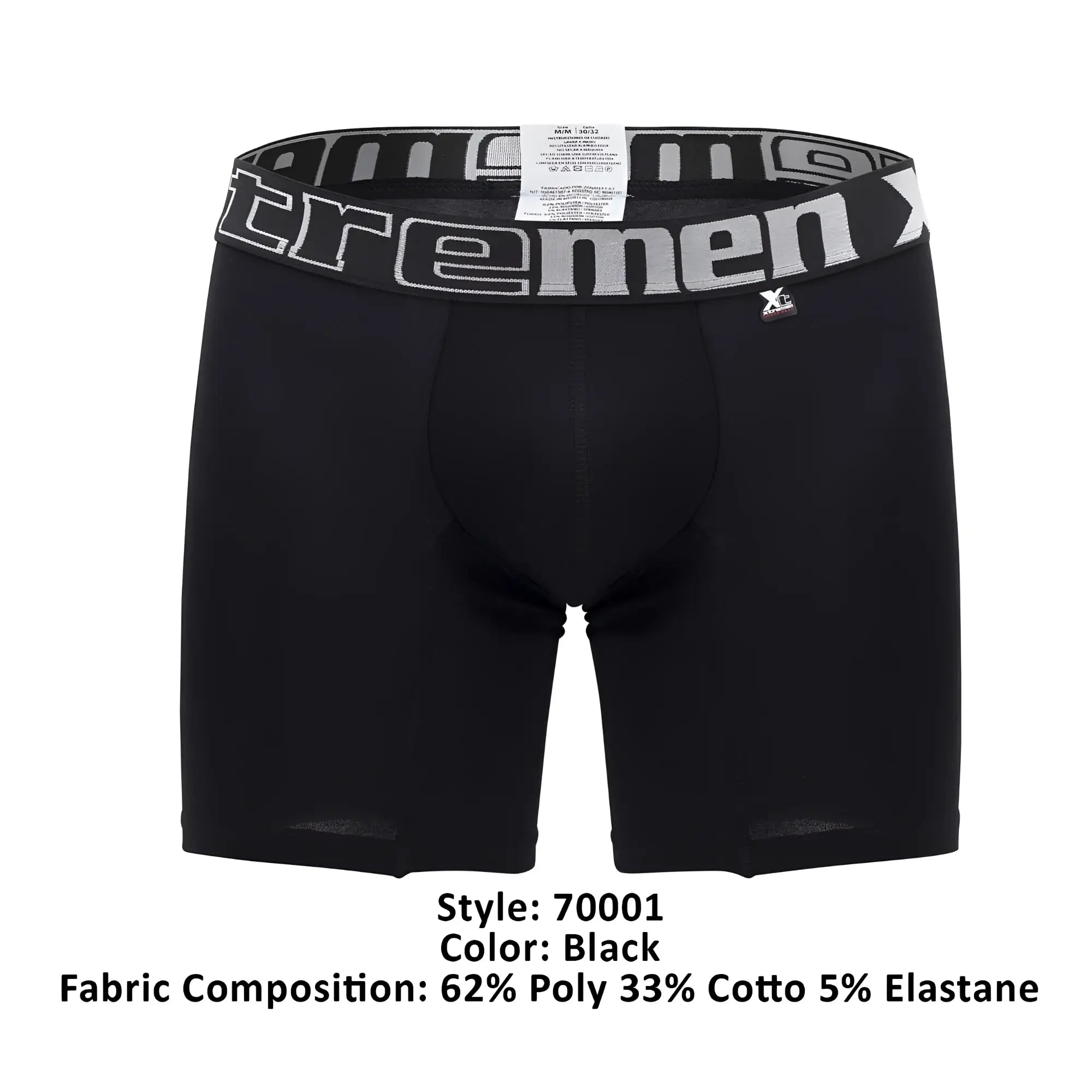 Black men’s boxer briefs Xtremen 70001 Plus with gray and white Tremen waistband featuring brand logo