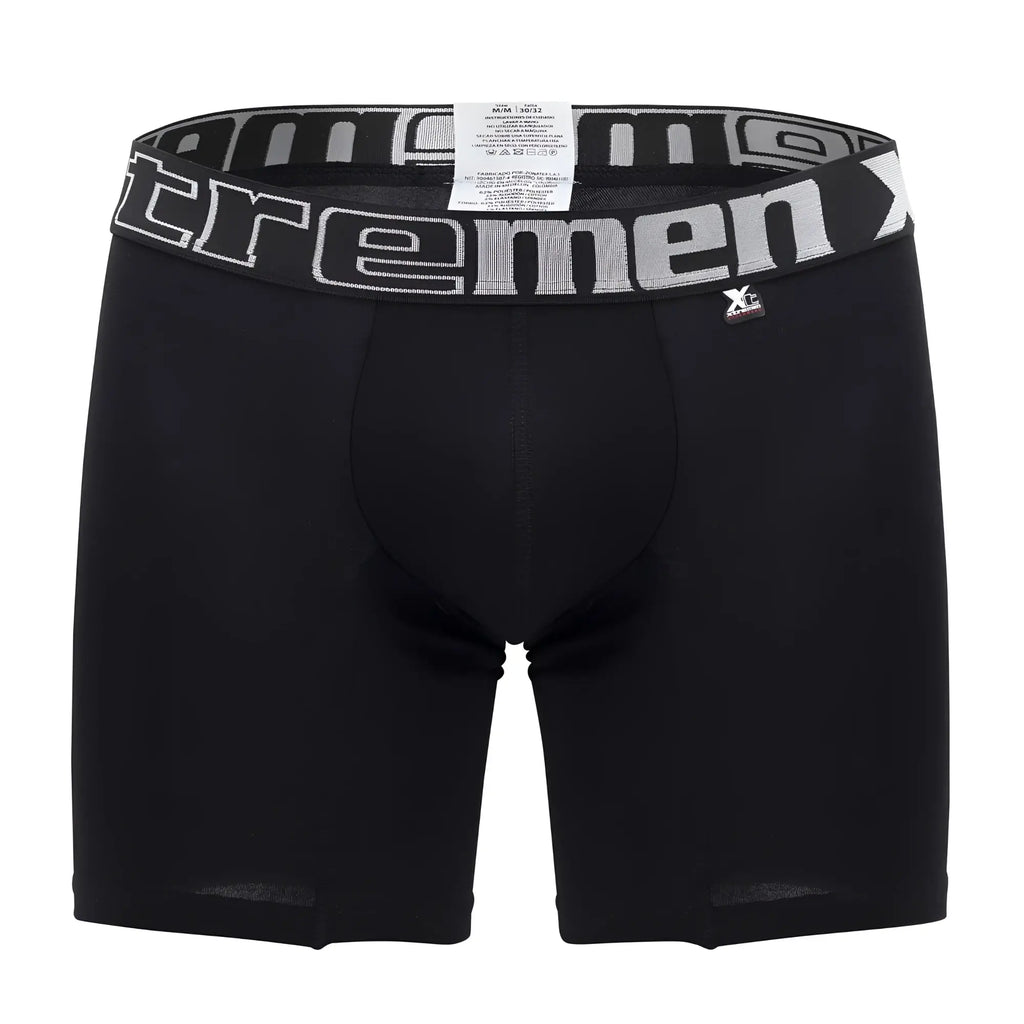 Black men’s Xtremen 70001 Plus boxer briefs with gray and white Xtremen waistband featuring brand logo