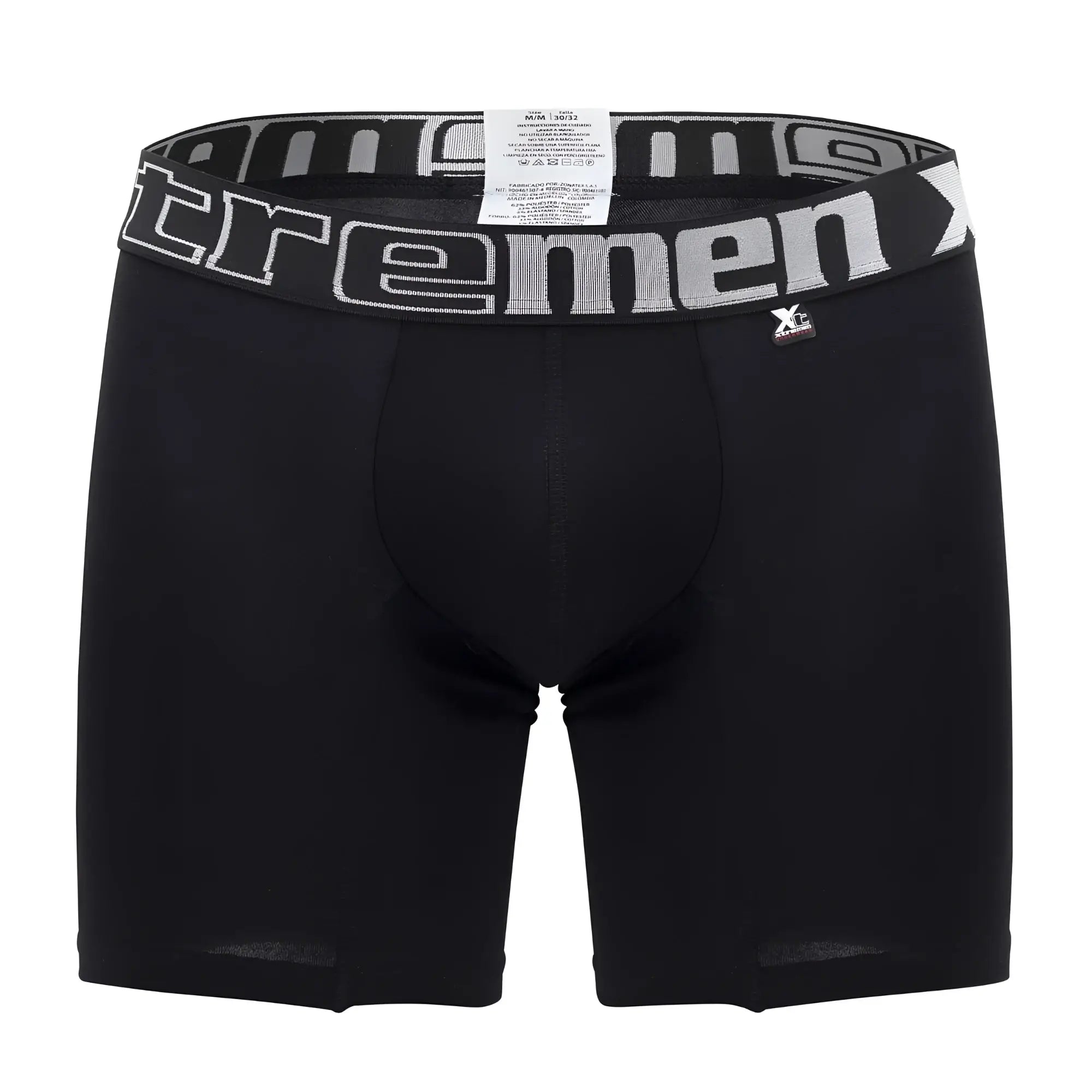 Black men’s Xtremen 70001 Plus boxer briefs with gray and white Xtremen waistband featuring brand logo