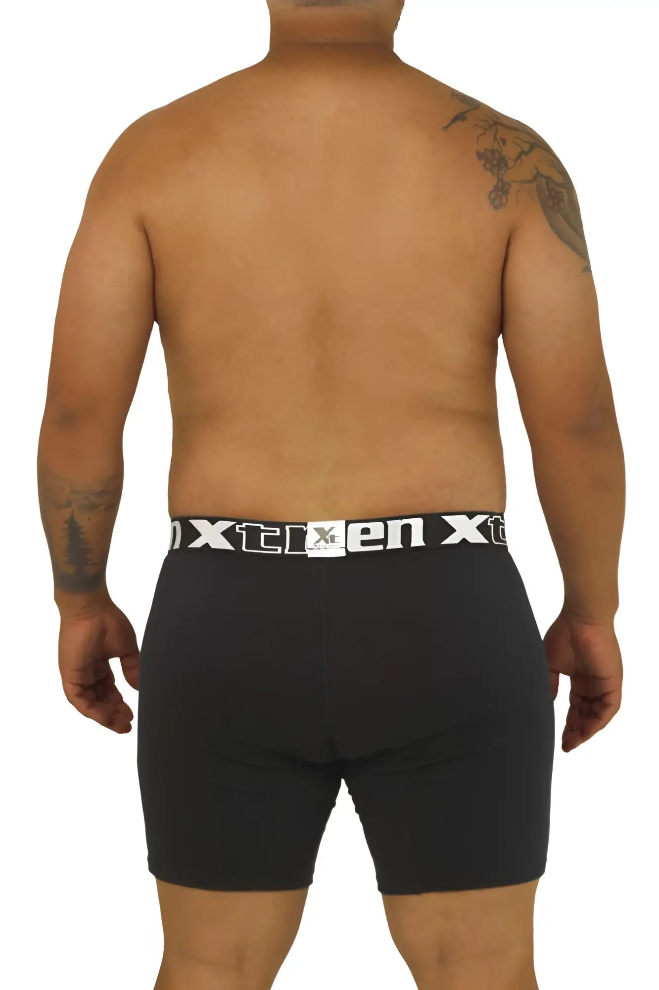 Black men’s Xtremen 70001 Plus boxer briefs in soft fabric with white elastic waistband and logo branding
