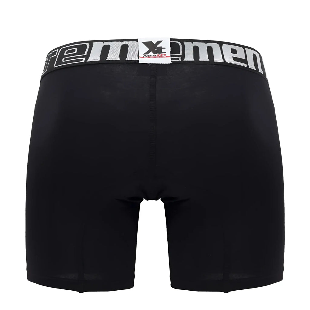 Black xtremen 70001 plus boxer briefs with gray and white elastic waistband featuring brand logo