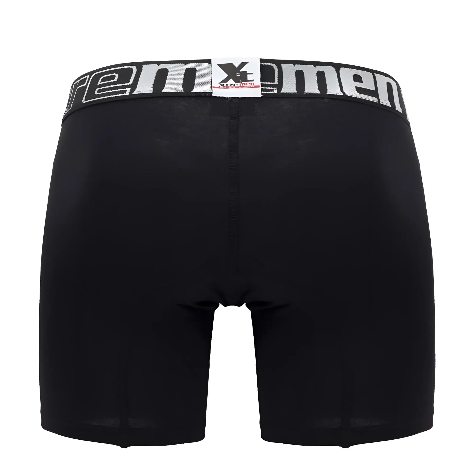 Black xtremen 70001 plus boxer briefs with gray and white elastic waistband featuring brand logo