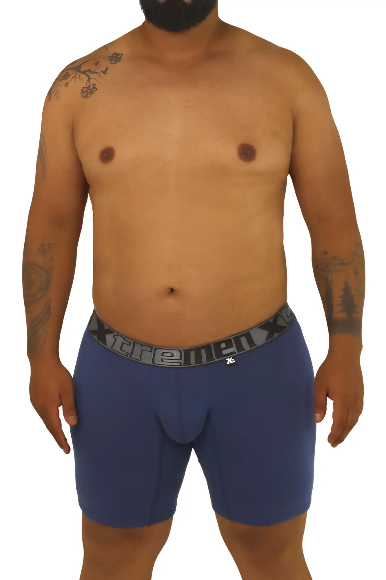 Blue men’s boxer briefs xtremen 70001 plus with gray elastic waistband featuring extreme x logo in xl size