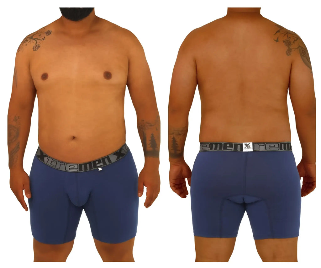 Blue xtremen 70001 plus men’s boxer briefs with gray elastic waistband featuring extremenx logo for comfortable support