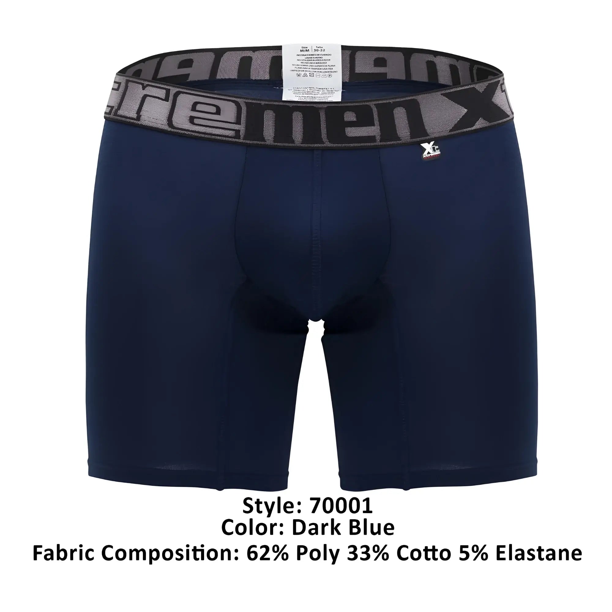 Dark blue xtremen 70001 plus men’s boxer briefs with gray and black elastic waistband featuring xtremen logo