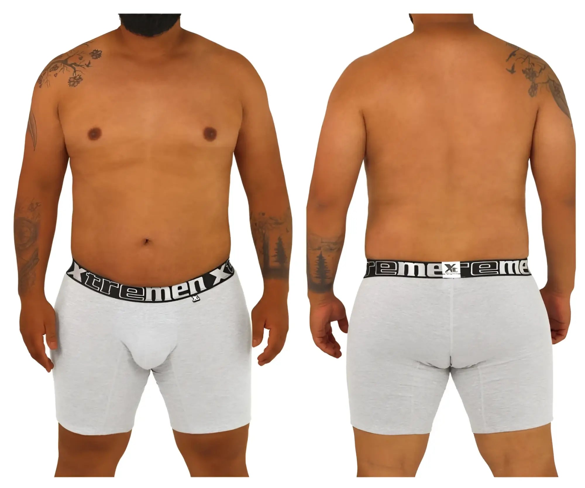 Gray cotton boxer briefs with black elastic waistband featuring xtreme men logo white lettering xtremen 70001 plus