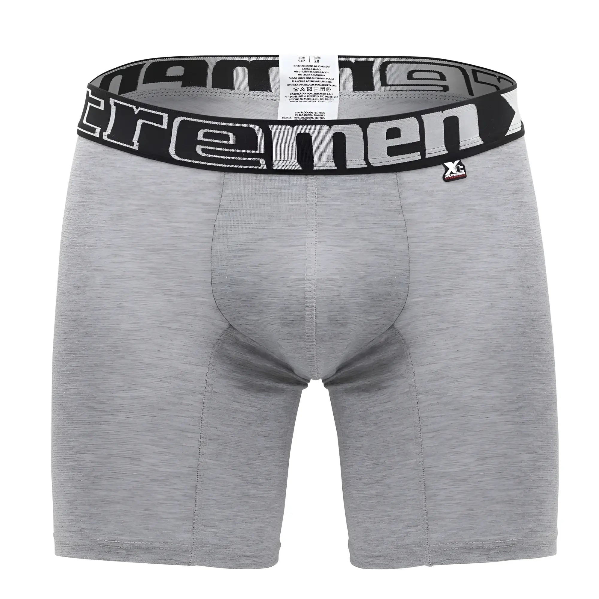 Gray heathered boxer briefs with black elastic waistband featuring white extreme men lettering and xl logo xtremen 70001 plus