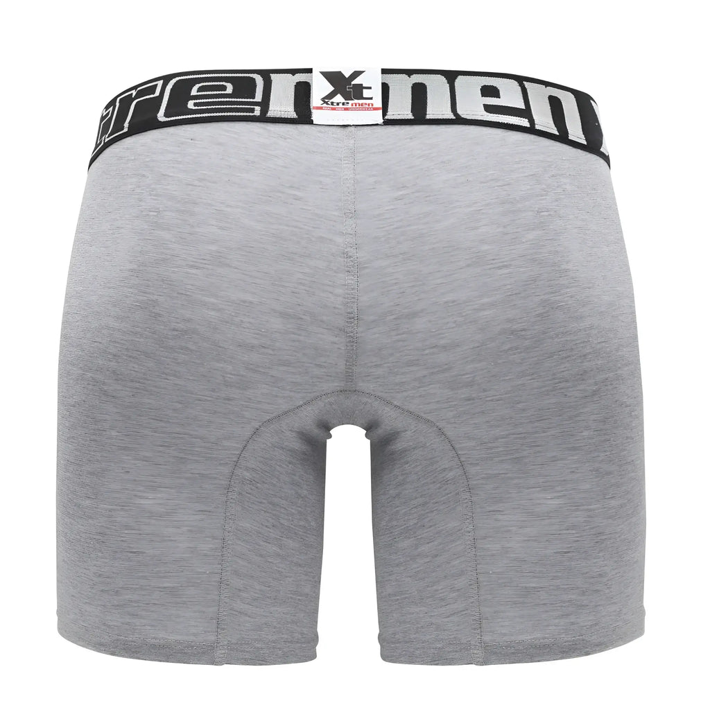 Gray heathered boxer briefs with black elastic waistband featuring white xtreme branding and xtreme tissues logo tag