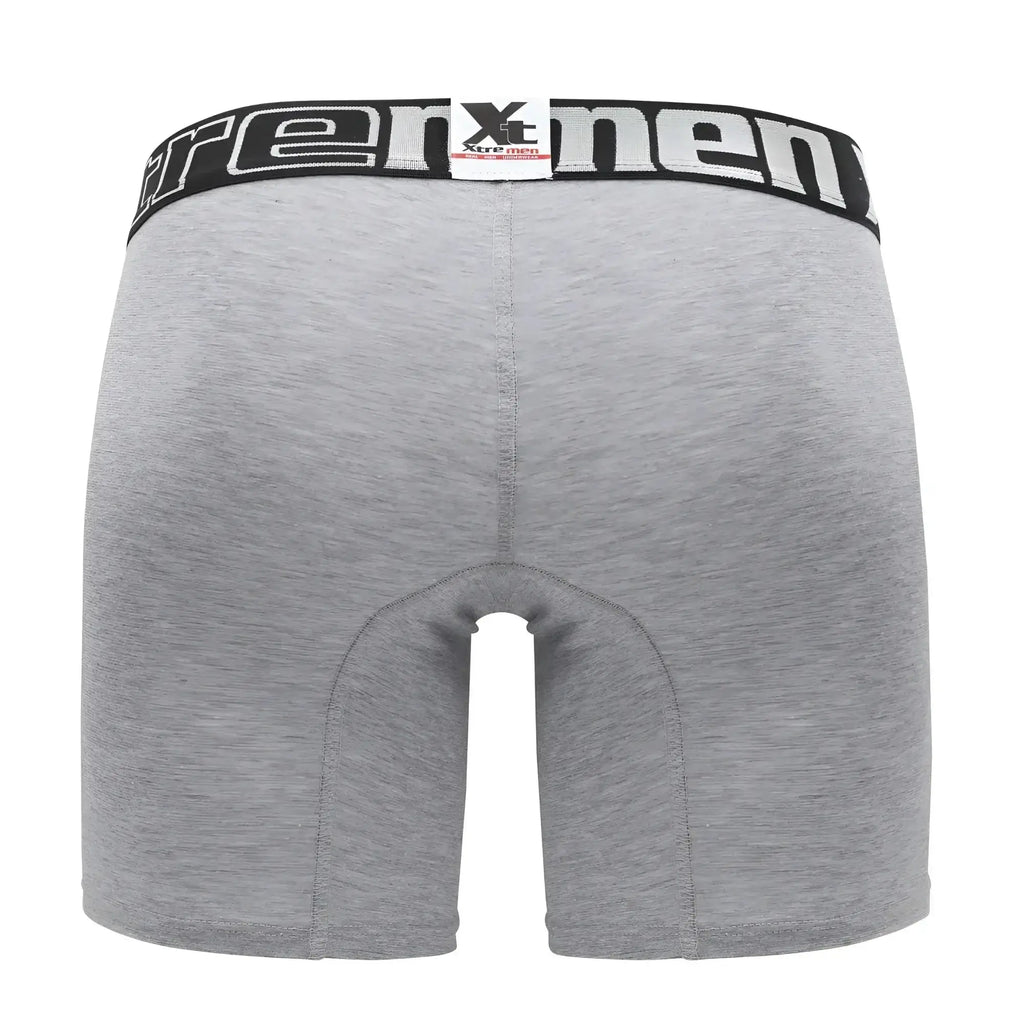Gray heathered boxer briefs with black elastic waistband featuring white xtreme branding and xtreme tissues logo tag