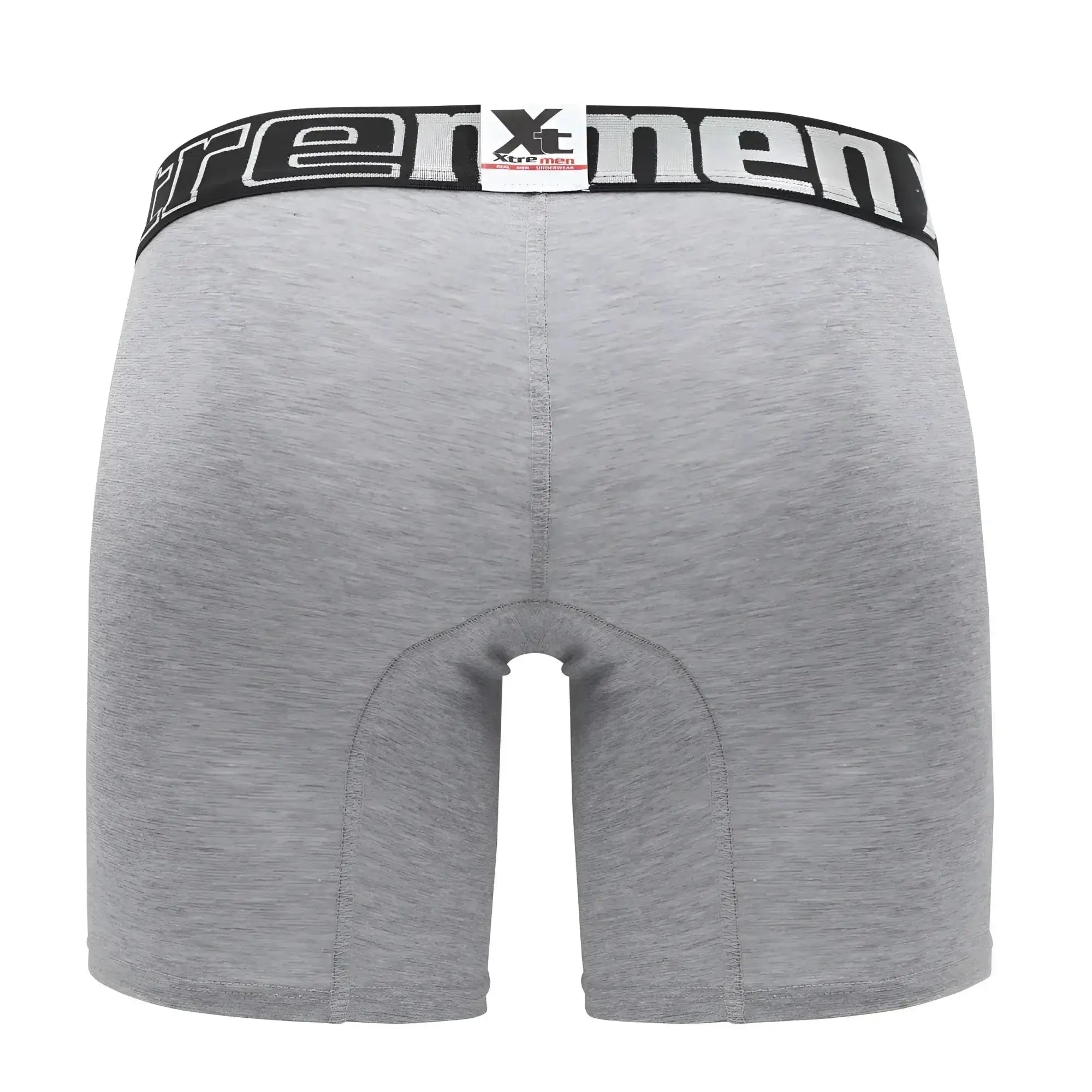 Gray heathered boxer briefs with black elastic waistband featuring white xtreme branding and xtreme tissues logo tag