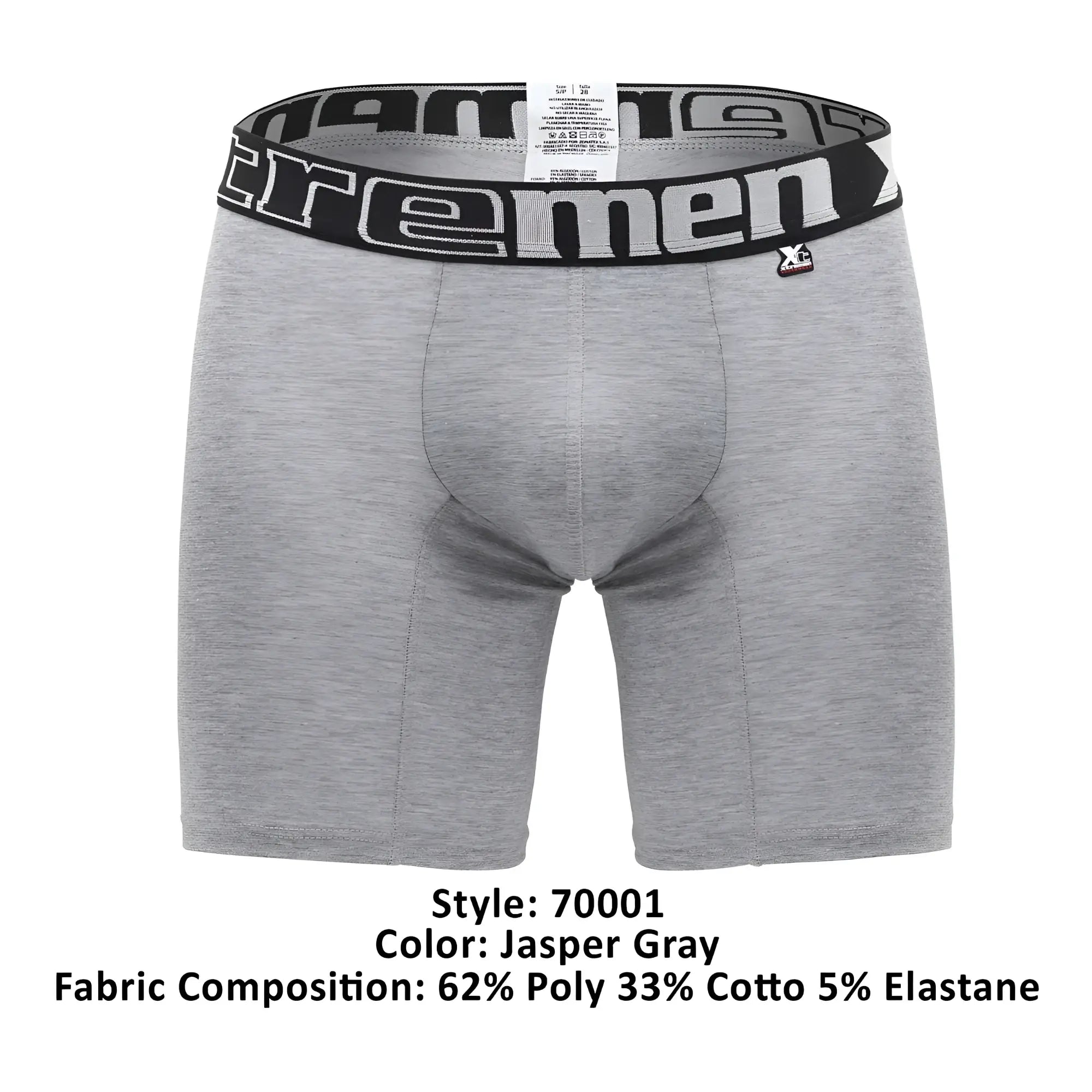 Gray heathered boxer briefs xtremen 70001 plus with black elastic waistband featuring extreme men logo in white