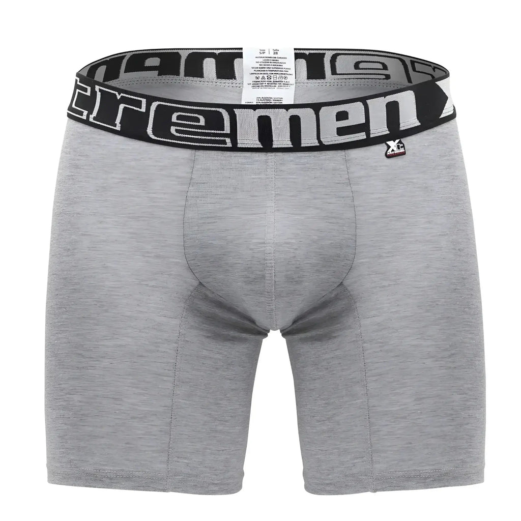 Gray heathered boxer briefs with black elastic waistband featuring white extreme men lettering and xl logo xtremen 70001 plus