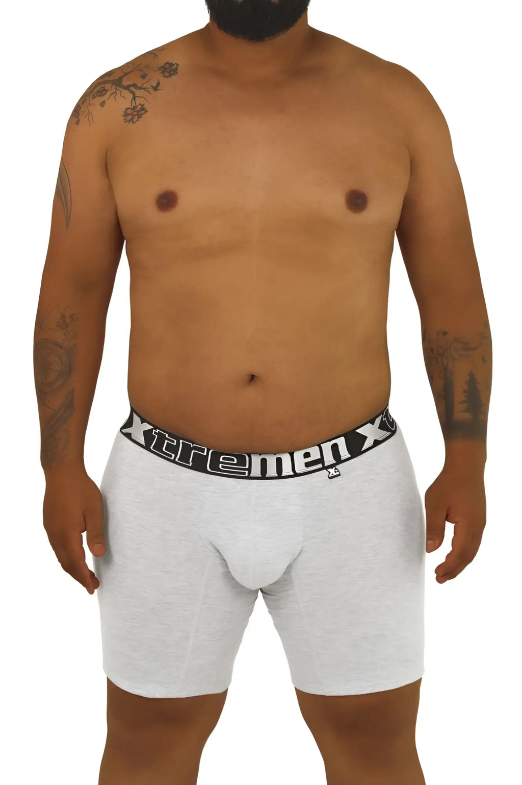 Gray heathered boxer briefs with black elastic waistband featuring xtremen x logo in white by Xtremen 70001 Plus