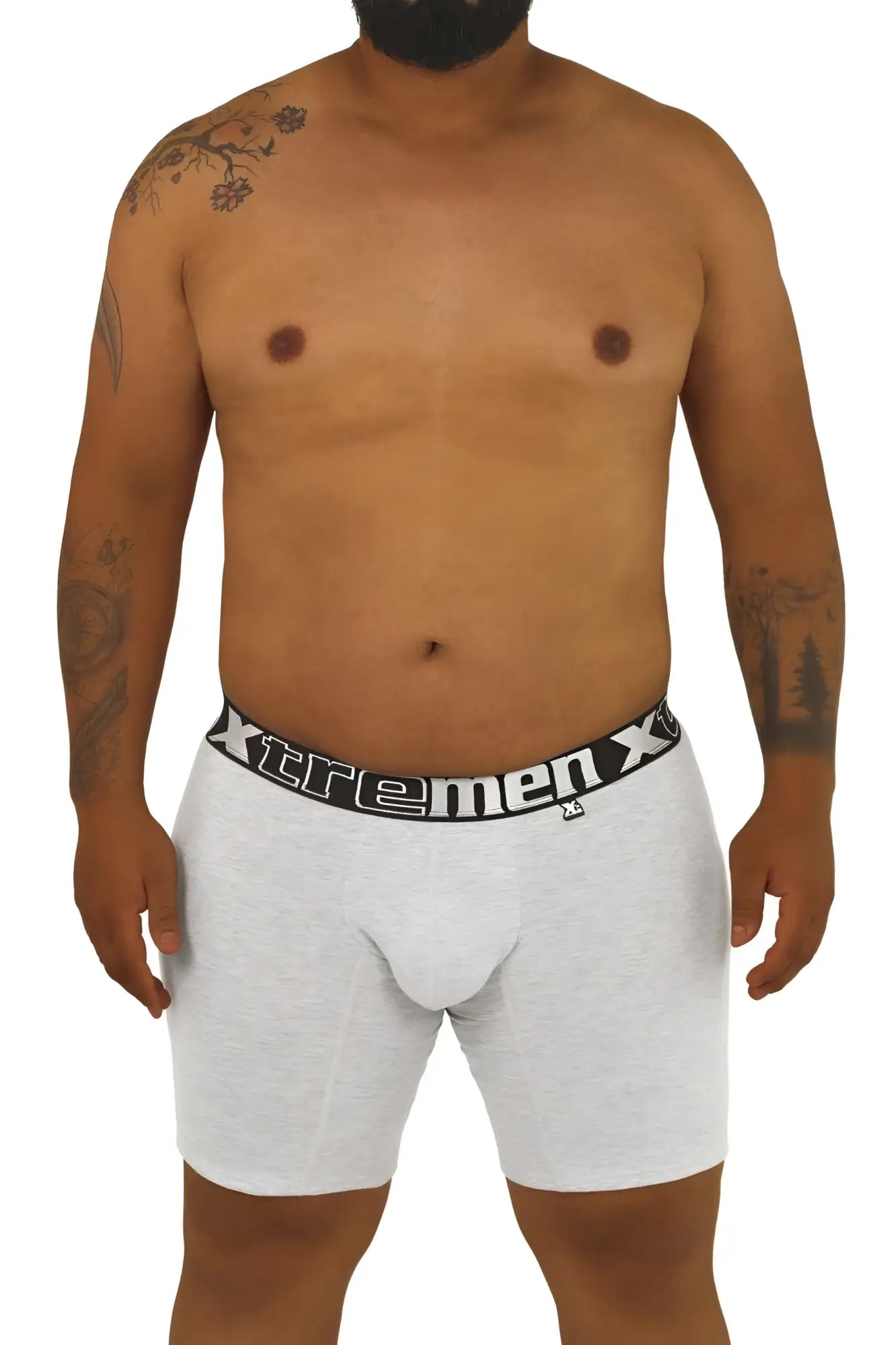 Gray heathered boxer briefs with black elastic waistband featuring xtremen x logo in white by Xtremen 70001 Plus