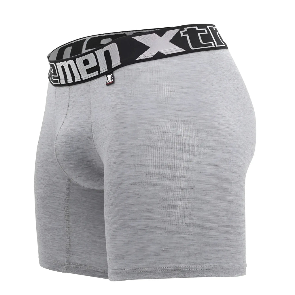 Gray heathered men’s boxer briefs with black elastic waistband featuring white xtreme branding and logo xtremen 70001 plus