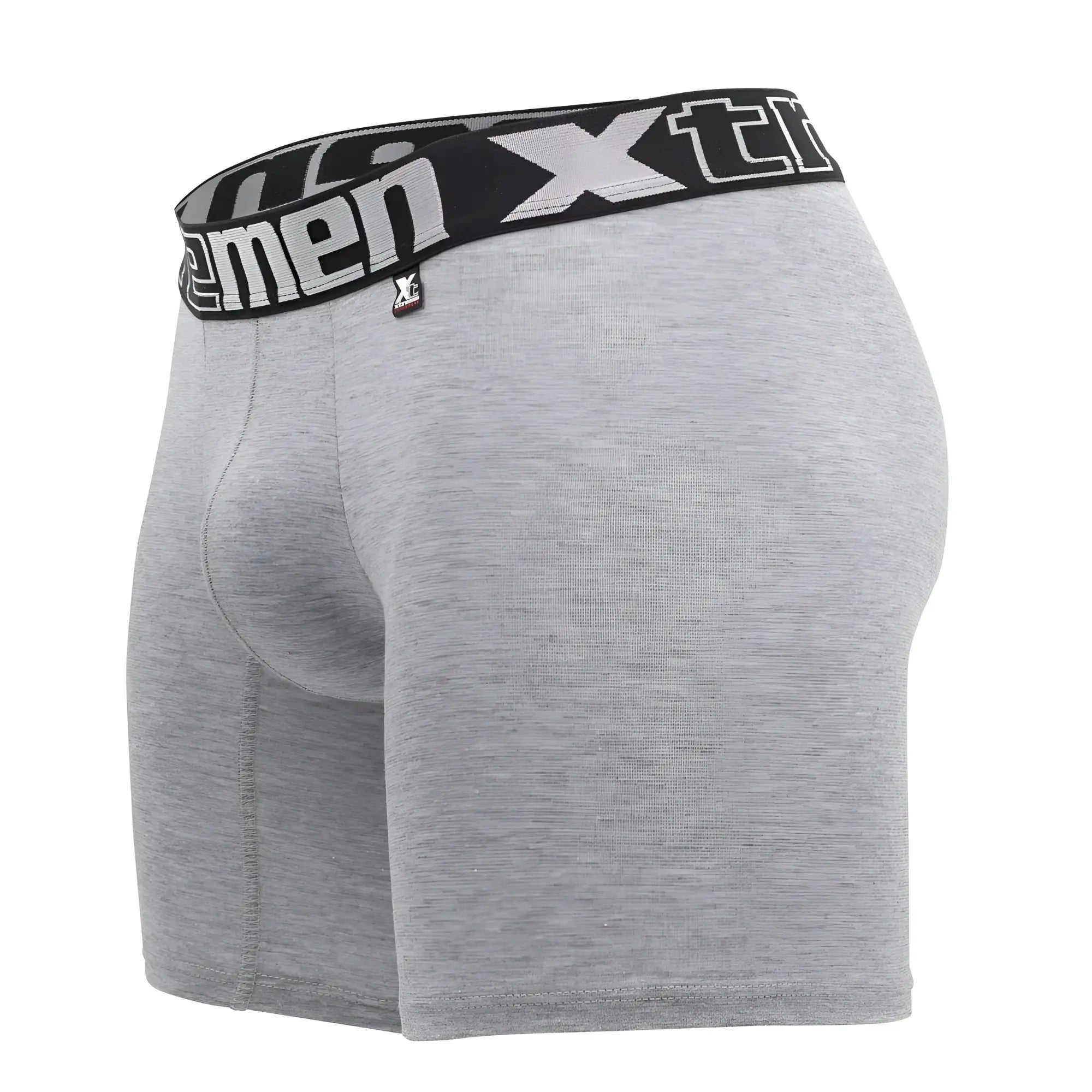 Gray heathered men’s boxer briefs with black elastic waistband featuring white xtreme branding and logo xtremen 70001 plus