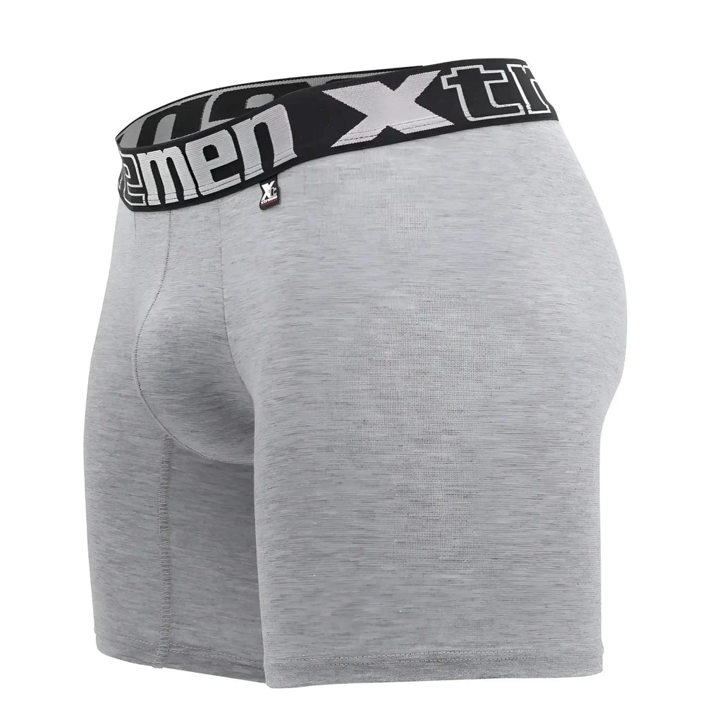 Gray heathered men’s boxer briefs with black elastic waistband featuring white xtreme branding and logo xtremen 70001 plus