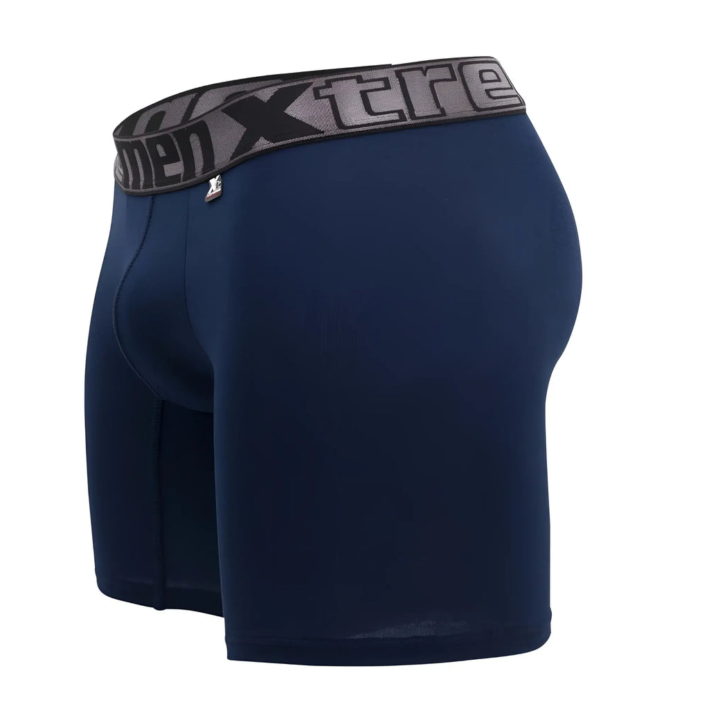Navy blue men’s boxer briefs xtremen 70001 plus with gray and black elastic waistband featuring menxtreme logo