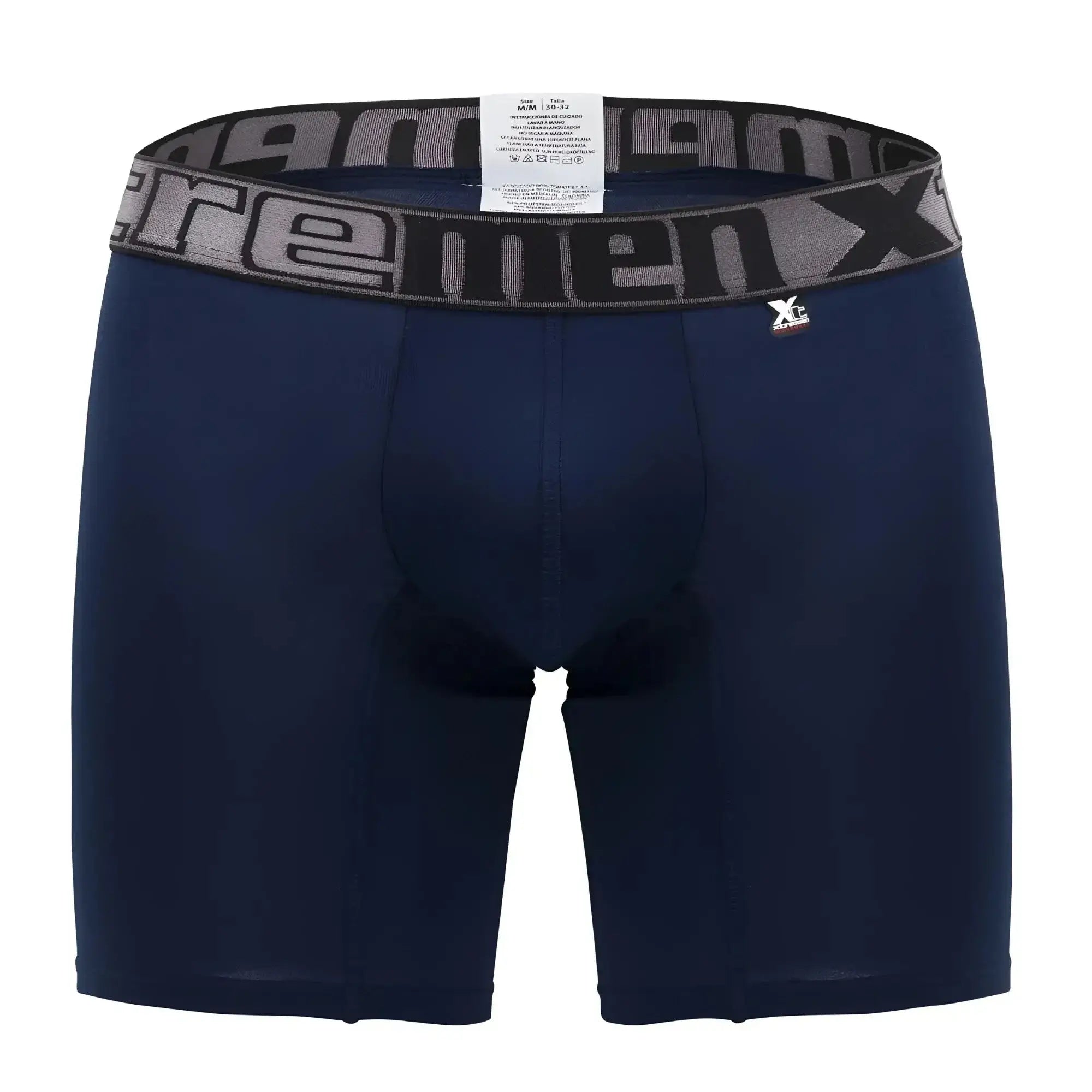 Navy blue men’s boxer briefs with gray and black elastic xc logo waistband Xtremen 70001 Plus design