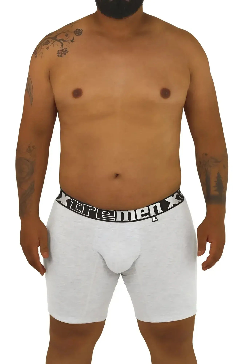 Gray heathered boxer briefs with black elastic waistband featuring xtremen x logo in white by Xtremen 70001 Plus
