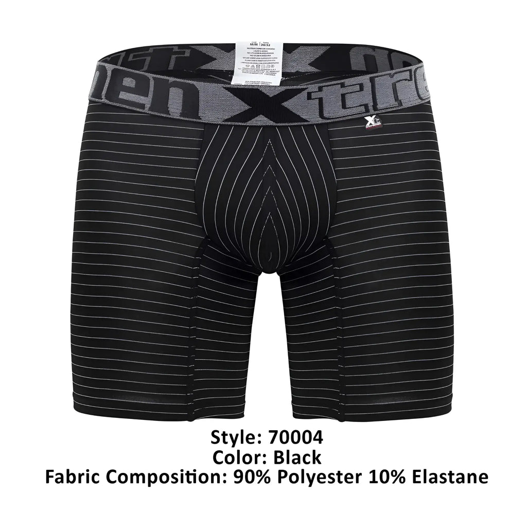 Black men’s boxer briefs xtremen 70004 plus with fine white vertical stripes and gray elastic waistband with xtreme logo