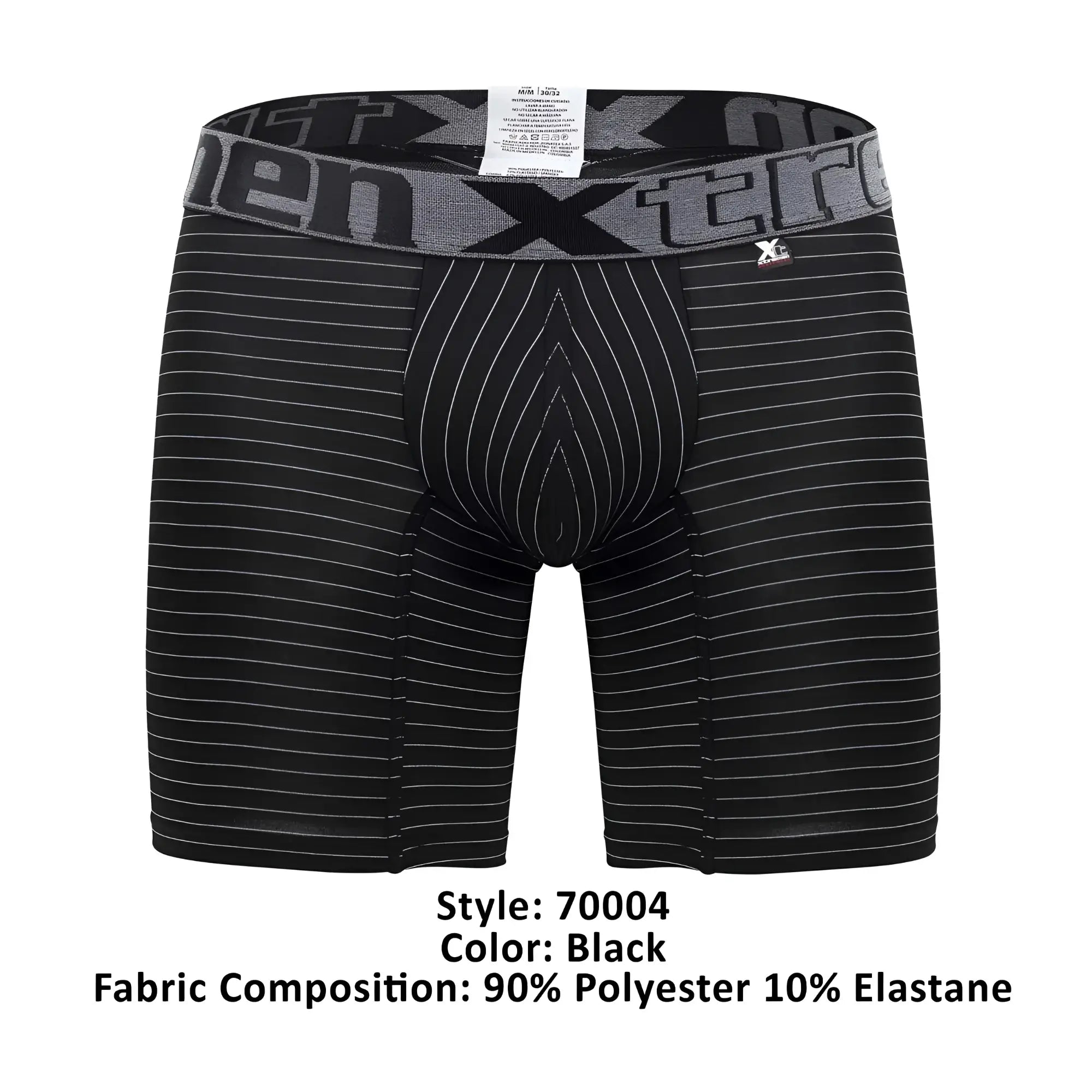 Black men’s boxer briefs xtremen 70004 plus with fine white vertical stripes and gray elastic waistband with xtreme logo