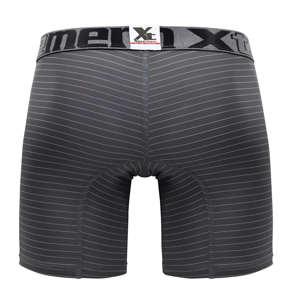 Black men’s Xtremen 70004 Plus boxer briefs with subtle white diagonal stripes and branded waistband visible from front