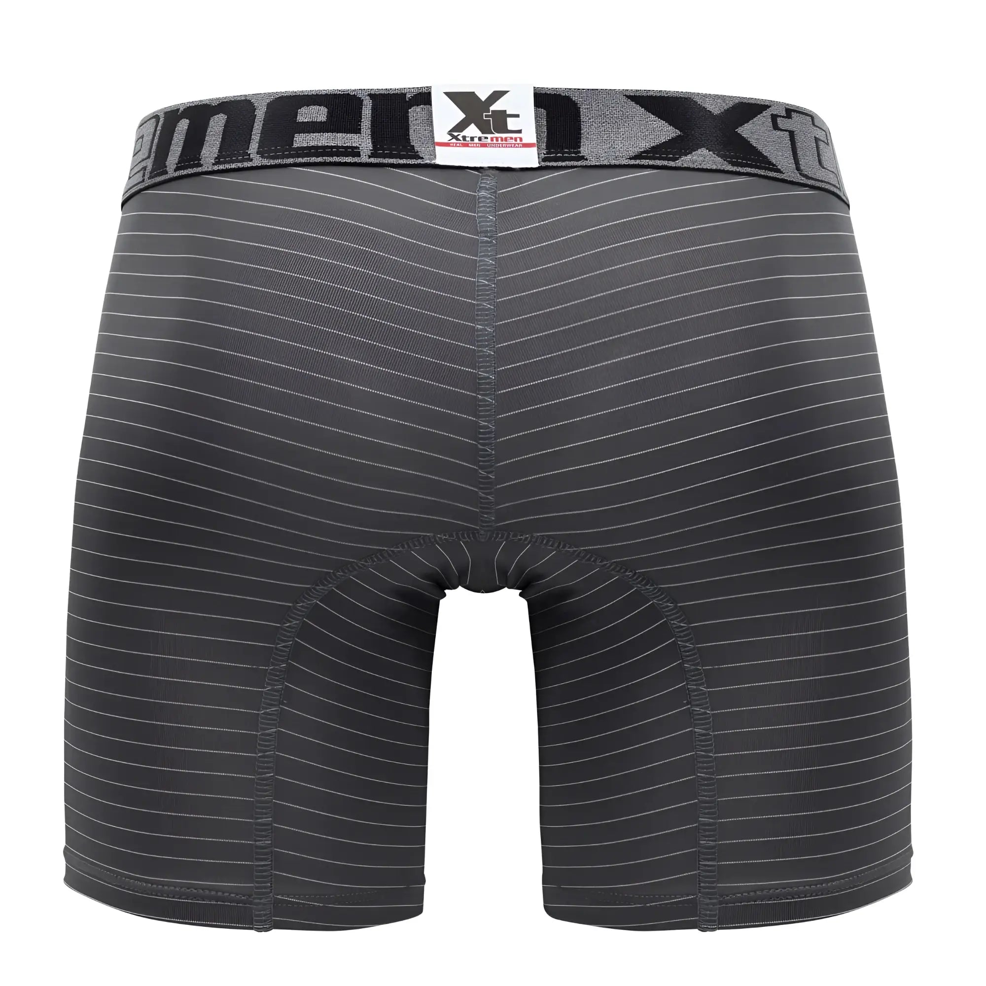 Black men’s Xtremen 70004 Plus boxer briefs with subtle white diagonal stripes and branded waistband visible from front