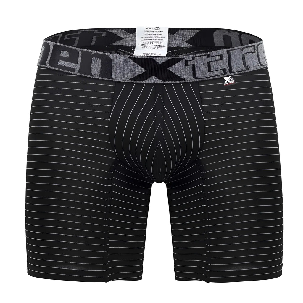 Black men’s boxer briefs xtremen 70004 plus with white pinstripes and gray elastic waistband featuring xtreme logo