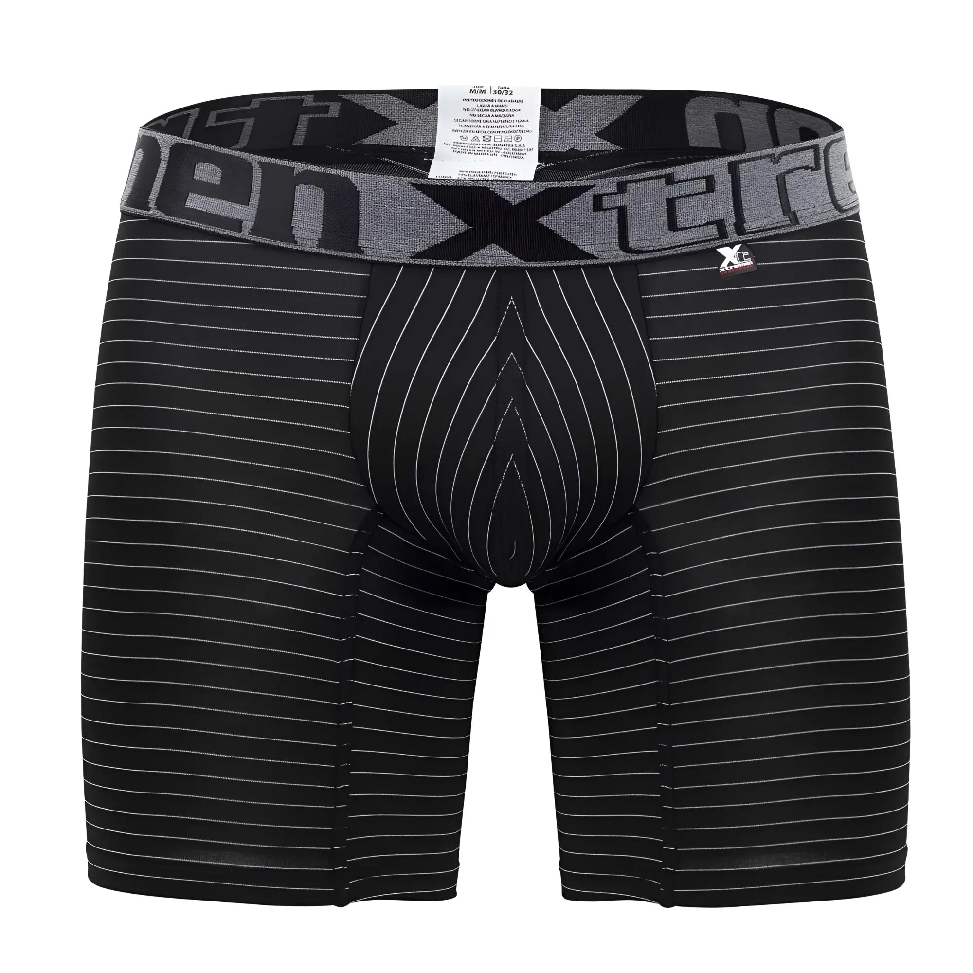 Black men’s boxer briefs xtremen 70004 plus with white pinstripes and gray elastic waistband featuring xtreme logo