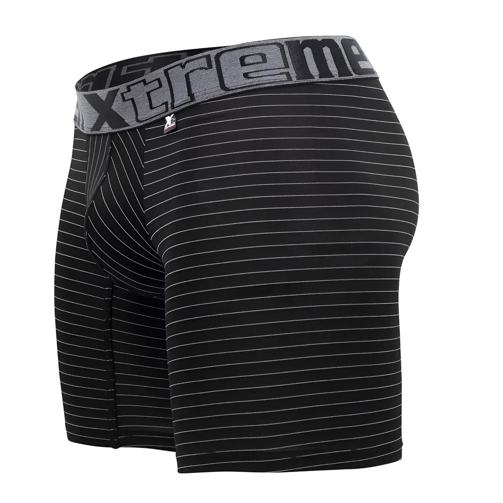 Xtremen 70004 Plus black and white striped boxer briefs with gray elastic waistband featuring extreme logo