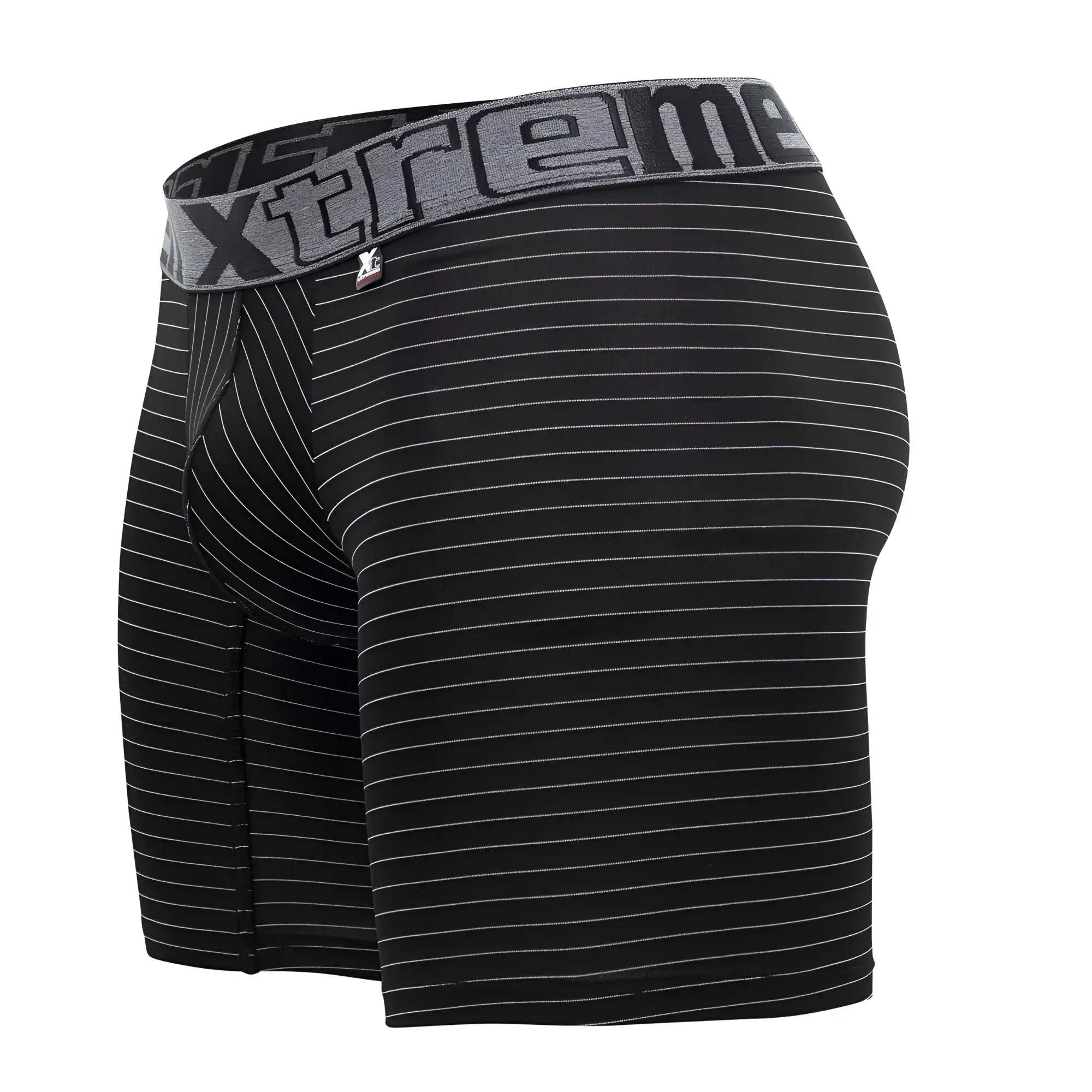 Xtremen 70004 Plus black and white striped boxer briefs with gray elastic waistband featuring extreme logo