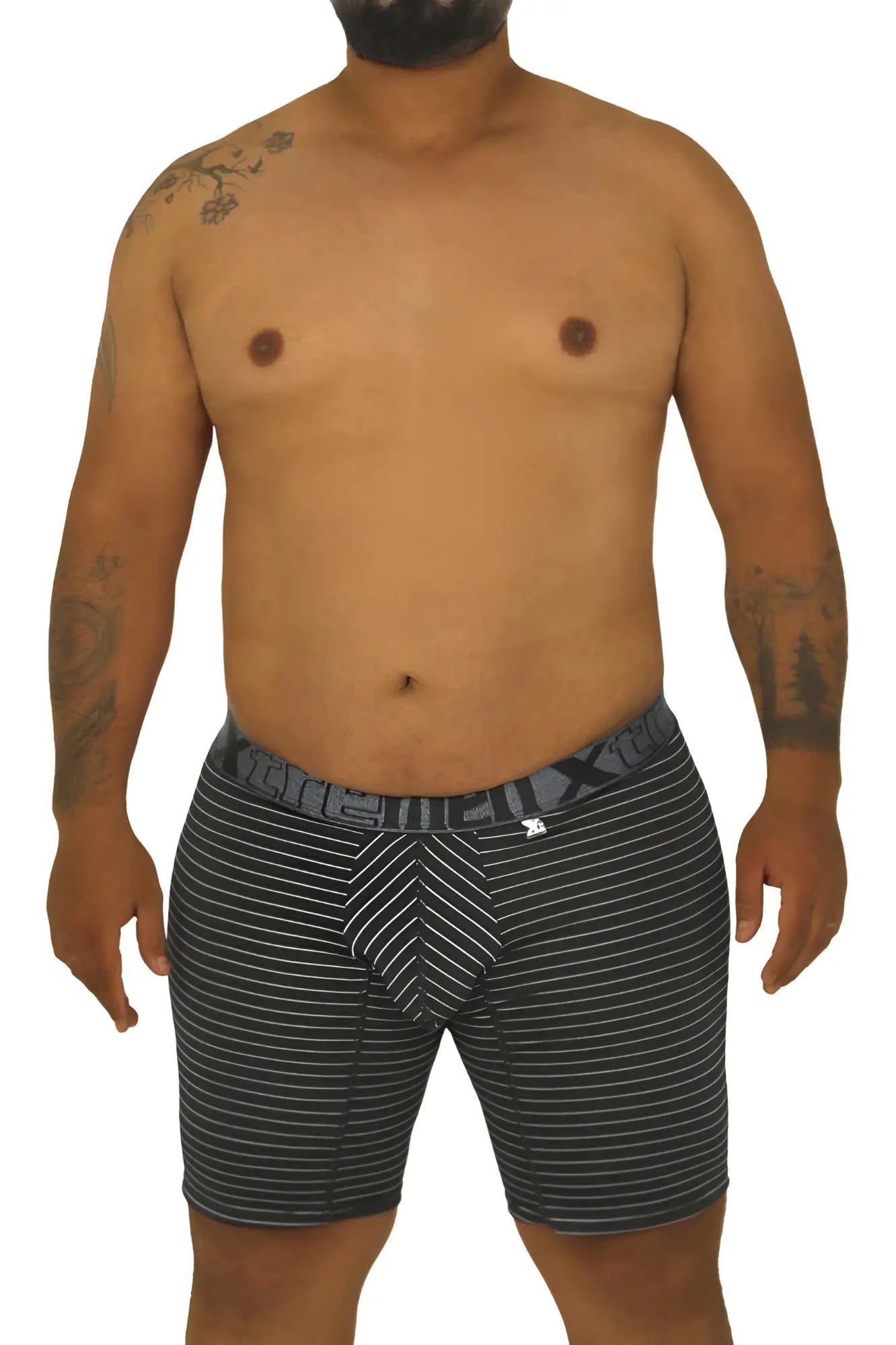 Xtremen 70004 plus black and white striped men’s boxer briefs with a front chevron pattern for comfortable wear