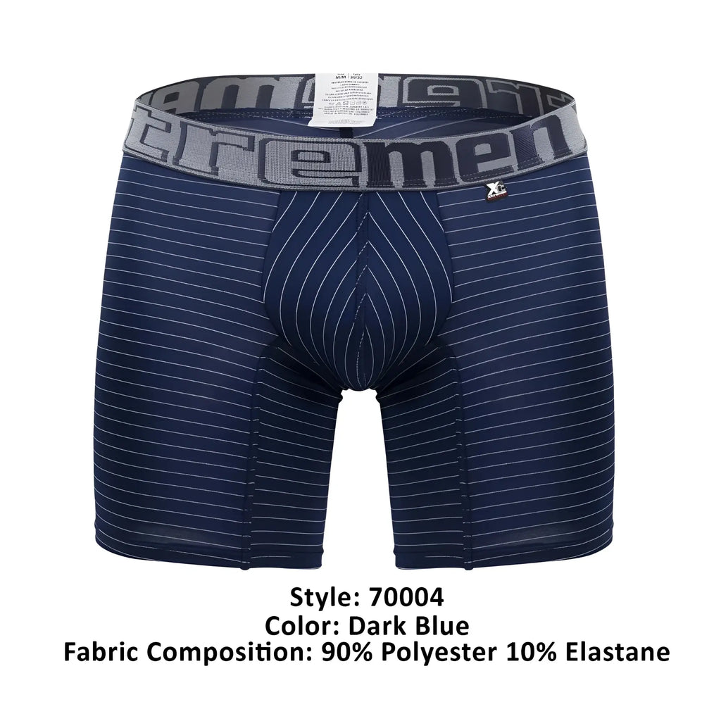 Dark blue boxer briefs with fine white pinstripes and gray xtrememen logo waistband xtremen 70004 plus model