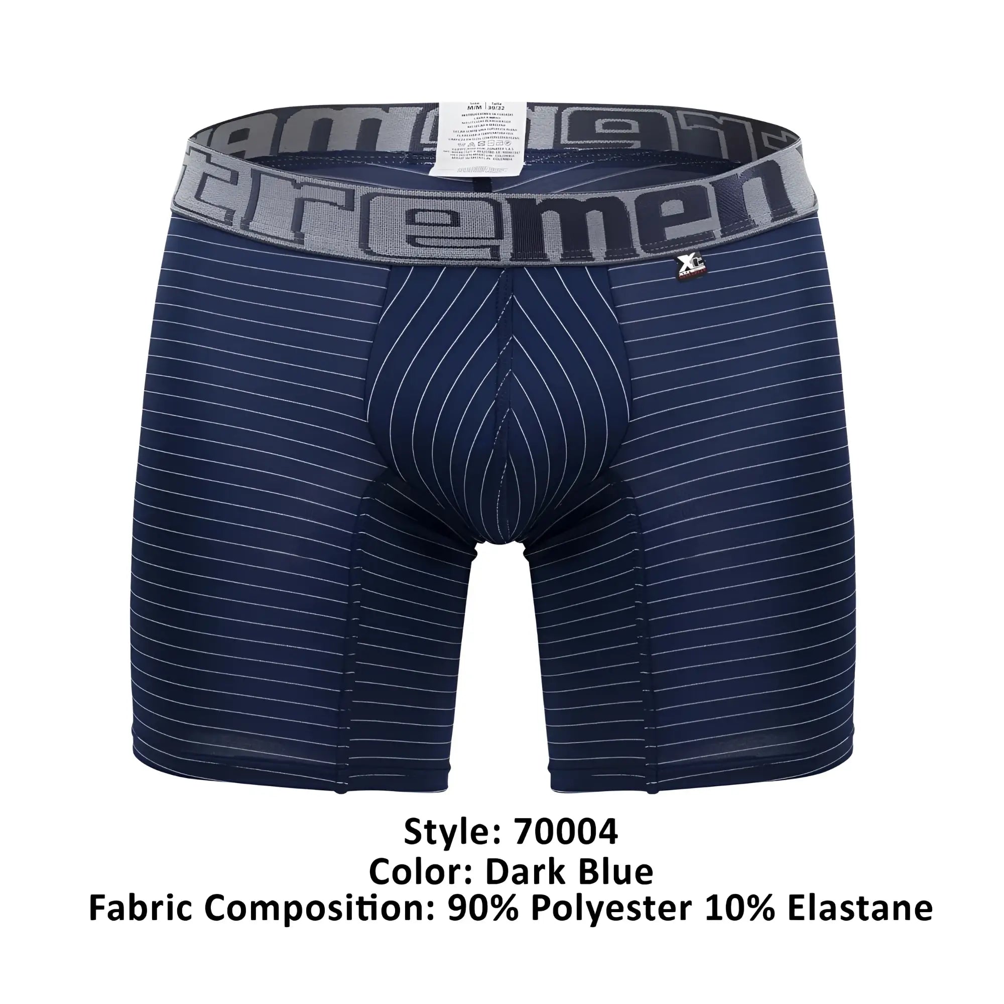 Dark blue boxer briefs with fine white pinstripes and gray xtrememen logo waistband xtremen 70004 plus model