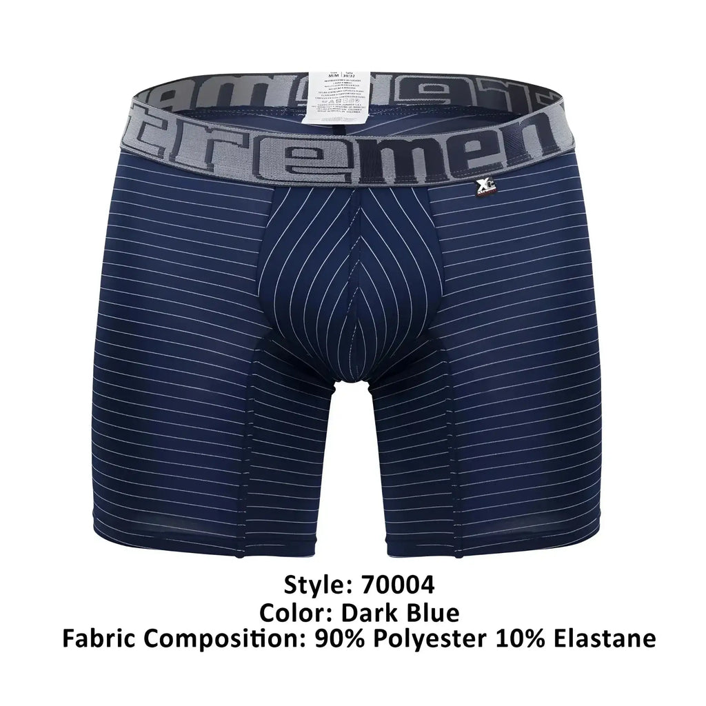 Dark blue boxer briefs with fine white pinstripes and gray xtrememen logo waistband xtremen 70004 plus model