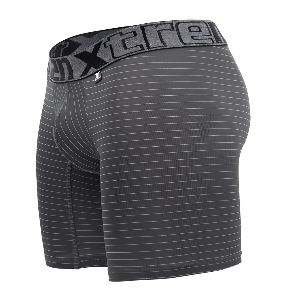 Dark gray xtremen 70004 plus boxer briefs with subtle white stripes and a textured logo waistband