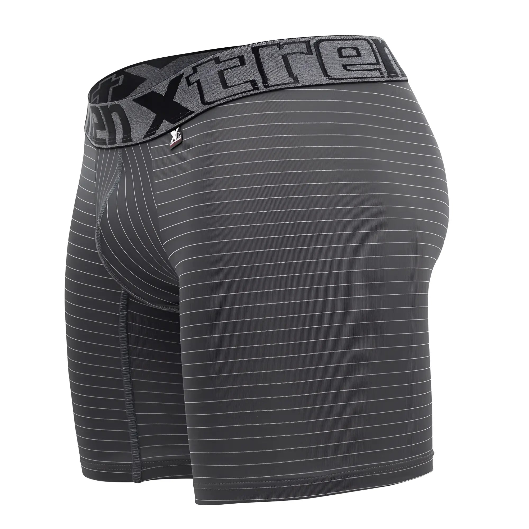 Dark gray xtremen 70004 plus boxer briefs with subtle white stripes and a textured logo waistband