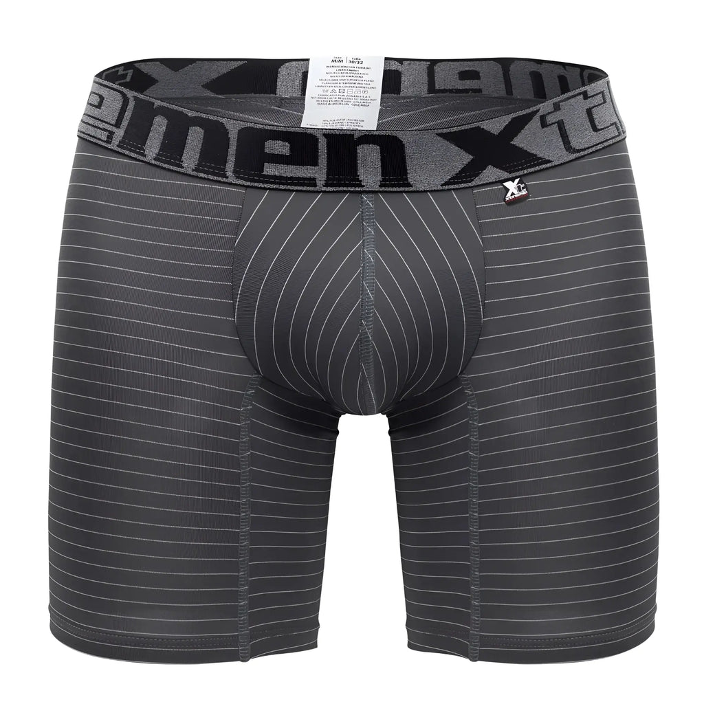 Dark gray men’s boxer briefs xtremen 70004 plus with subtle white pinstripes and branded elastic waistband