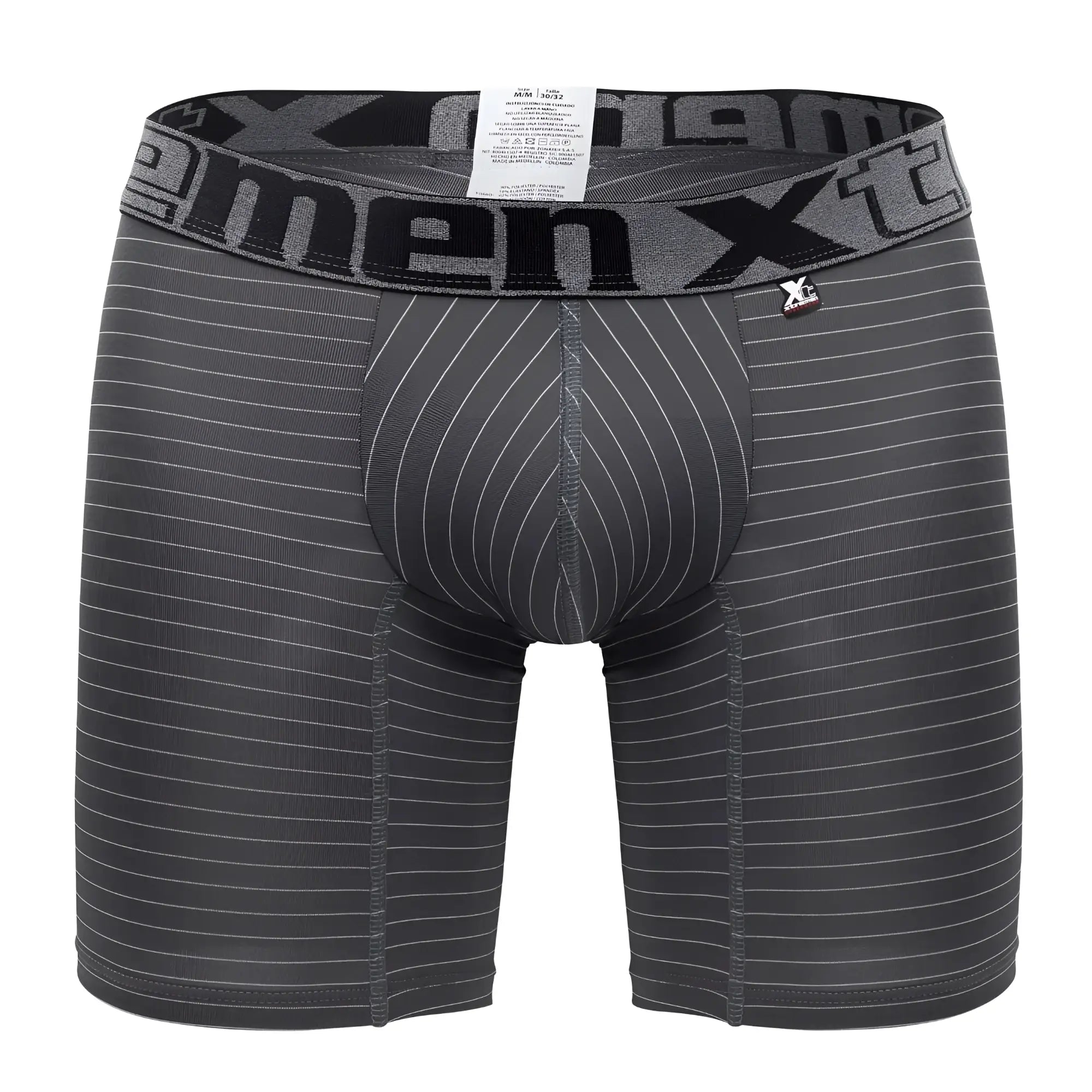 Dark gray men’s boxer briefs xtremen 70004 plus with subtle white pinstripes and branded elastic waistband